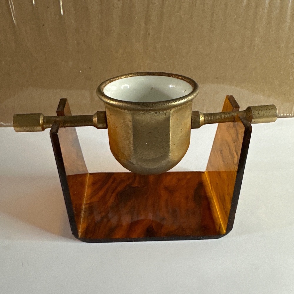 Vtg MCM Brass Gimbaled Inkwell Faux Tortoise Shell Lucite Hollywood Regency Desk